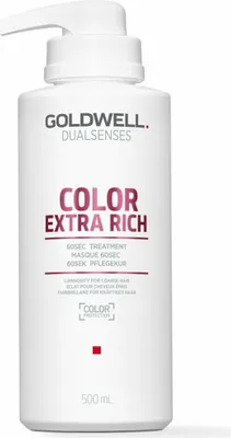 A white bottle of Goldwell Dualsenses Color Extra Rich hair mask with a pump dispenser.