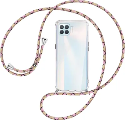 Produktbild von Handykette Backcover-Schutzhülle mit Band (Metall silberfarben) für Oppo A93 - rosa Karo