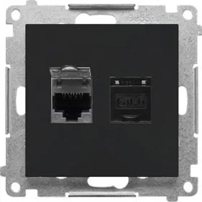 Image de Double prise informatique RJ45 catégorie 6, avec clapet anti-poussière (module) : Noir mat, SIMON55