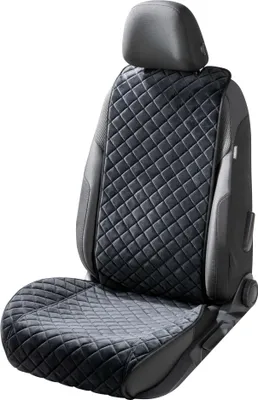 A black quilted car seat cover is shown on a car seat.