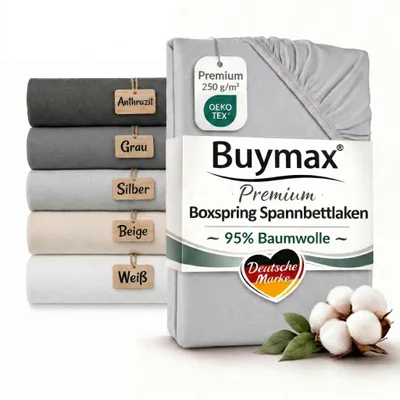 Produktbild von Buymax Premium Boxspringbett Spannbettlaken 90x200 bis 100x220 cm Silber – Jersey 250 g/m² – 95% Baumwolle 5% Elasthan – bis 35 cm Matratzenhöhe