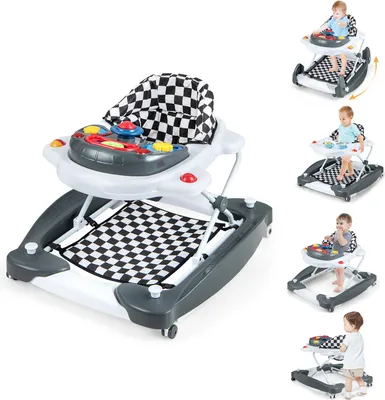 A collage of images showing a baby walker with a play tray, with different babies using it in various configurations.