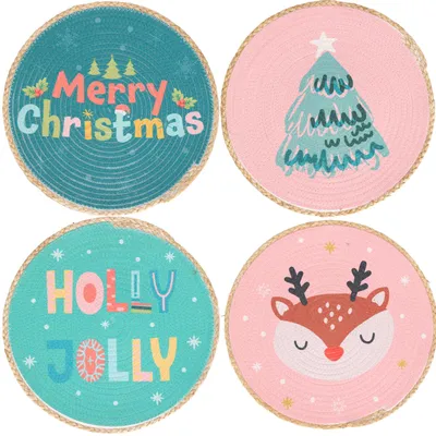 4er-Set runde Platzsets Ø 38 cm – Weihnachtsmotive, abwischbar