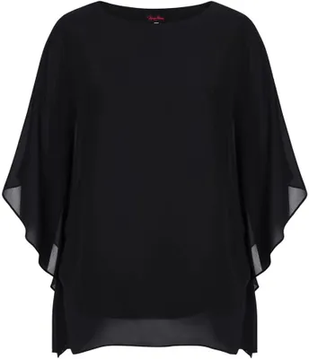 Productafbeelding van Dames blouse van chiffon in grote maat, zwart, lange tuniek met vleermuismouwen en ronde hals