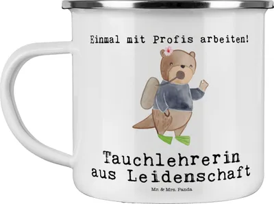 Produktbild von Mr. & Mrs. Panda Tasse Emaille Tauchlehrerin Leidenschaft - Weiß - Geschenk, Haferl, wandertasse, Teetasse, Kaffeepott, Motivtasse