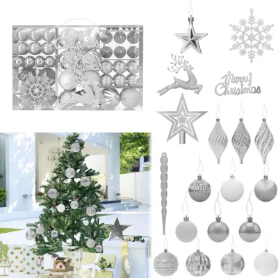 Produktbild von YARDIN 108 Stück Weihnachtsbaumschmuck, Glitzerkugeln aus Kunststoff für Drinnen und Draußen, Weihnachtskugeln mit 4 Texturen, Lackiert, Matt Weiß, Matt und Glänzend, Weihnachtsbaumkugeln - Silber