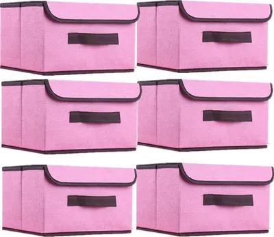 Obrázek produktu pro Sada úložných boxů - úložné boxy s víkem - pro uskladnění oblečení - stohovatelné a skládací - 6 kusů, rozměr 26 cm - růžové
