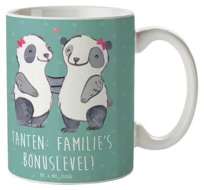 Produktbild von Mr. & Mrs. Panda Keramikbecher Tante Bonuslevel - Meeresbrise - Geschenk, haferl, Geschenke, kaffeebecher keramik, Verwandte, Neffe, Anekdoten, Kaffeetasse, Becher, Tasse
