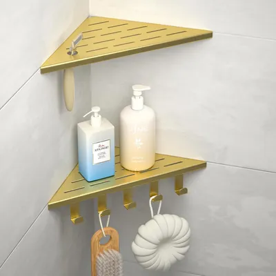 Image de Étagère de douche en acier inoxydable 304 dorée, avec crochets, pour murs carrelés