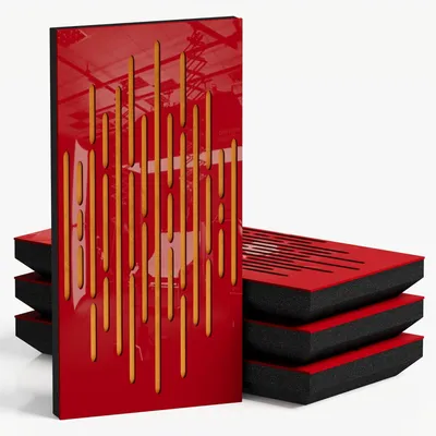 Produktbild von 4er-Pack – Schmale Akustikpaneele mit Samtstoff |50x25 cm| Dekorative Geräuschkontrolle & Echoreduzierung [WAVE-F Roter Kunststoff|Gelb]