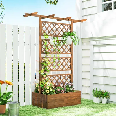 Produktbild von Pflanzkasten mit Rankgitter 2-in-1, Hochbeet Tannenholz wetterfest, Blumenkasten Kletterspalier, Orange | 160 x 55 x 183 cm | 11,6 kg