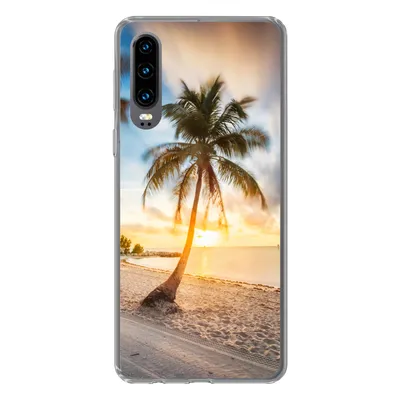 Produktbild von MuchoWow® Handyhülle Schutzhülle Hülle für Huawei P30 Sonnenuntergang - Strand - Palme Silikon Softcase Handy Hülle - Kartenbesitzer