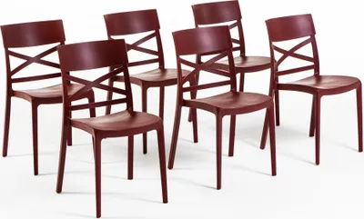 Immagine prodotto di set di 6 sedie impilabili in polipropilene con fibra di vetro per uso esterno e giardino, bar e ristorante, cucina design moderno - MARTINA - Rosso scuro