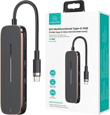 Obrázok produktu pre Usams Adaptér Hub 2Xusb + Usb-C + Hdmi + Micro Sd + Sd Čierna/Čierna Sj575Hub01 (Us-Sj575)