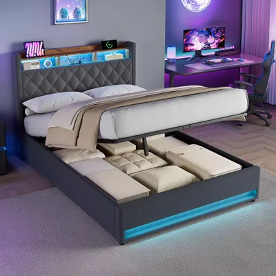 Produktbild von STILVORA Polsterbett 140×200 mit bettkasten,Stauraumbett Boxspringbett mit USB-Anschluss und LED-Licht,Funktionsbett ohne matratze,mit Stauraum,grau