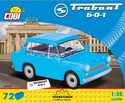 The image shows the packaging for a Cobi Trabant 601 toy car model. The packaging features a blue background with graphics of the Trabant car, the Brandenburg Gate, and tire tracks. Text and logos are present on the packaging.