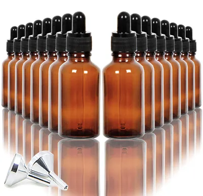 Obrázek produktu pro 16 kusů skleněných lahviček objemu 30 ml, jantarové barvy, s pipetou a malými trychtýři, určené pro esenciální oleje