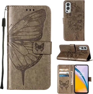 Produktbild von OnePlus Nord 2 5G Hülle, Schmetterling Prägung Flip Leder Kartenfächer Schutzhülle Ledertasche mit Ständer für OnePlus Nord 2 5G Grau