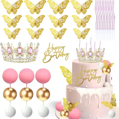 Productafbeelding van Diamanten kroon taartdecoratie - Set van 35 - Acryl kaart "Happy Birthday" taarttoppers - Roze