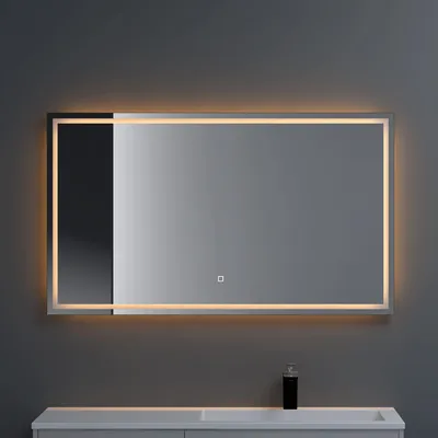 A modern bathroom mirror with integrated LED lighting, mounted on a gray wall above a vanity.