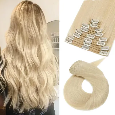 Zdjęcie produktu dla Pasemka do włosów z naturalnych włosów, kolor blond, 35 cm, 120g, 8 pasemek, podwójna technologia Remy, gładkie, jasny blond