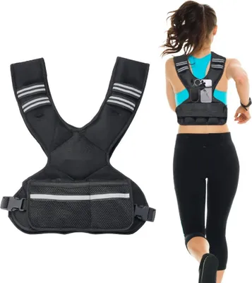 A woman is running while wearing a weighted vest.