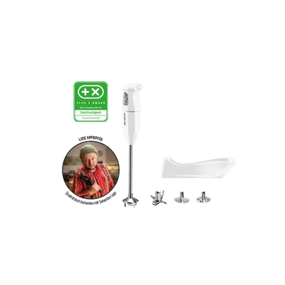 Der ESGE-Zauberstab® cordless PRO Weiß 95300 von Unold ist ein weißer Stabmixer mit Aufsätzen, Wandh