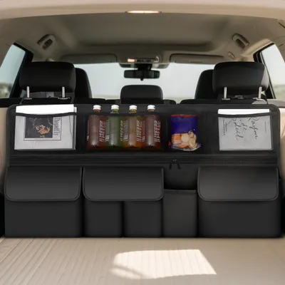Image de Organisateur de coffre de voiture BAVATEE, sac de rangement pour coffre avec 9 poches, sac pour coffre de voiture avec fermeture velcro, organisateur de coffre de 105 x 51 cm, couleur noire