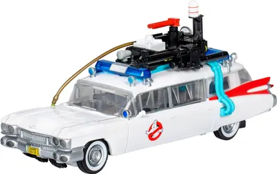 A white toy car, the Ecto-1 from Ghostbusters, with various accessories on top.