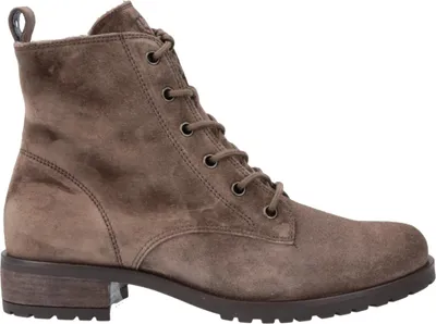 A side view of a brown suede lace-up boot.