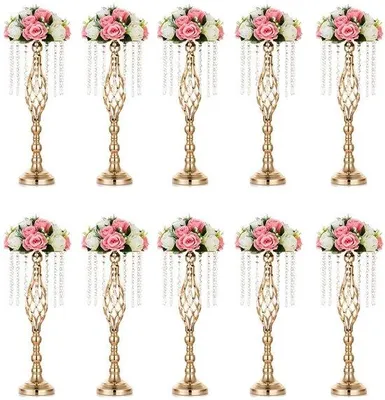 Produktbild von Metalne Hochzeitsvasen 10er Set, 55 cm hohe goldene Vazen mit Kristallkralenketten für Hochzeiten, Kunstblumenarrangements für Feiern, Jubiläumszeremonien, Partys, Events, Empfänge