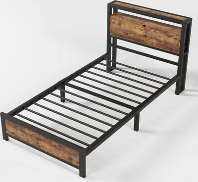 Produktbild von Flieks Metallbett 90x200cm, Bettgestell Jugendbett mit Lattenrost und Stauraumkopfteil, Einzelbett Tagesbett Gästebett, Schwarz