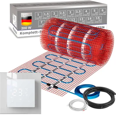 Produktbild von VILSTEIN Elektrische Fußbodenheizung 200W/m², für Fliesen Laminat und mehr, Komplett-Set, Twin Technologie Heizsystem, Fußboden Heizmatte, inkl. Thermostat weiß