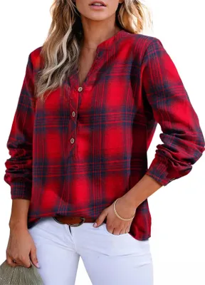 Image de ASKSA Chemise femme col V à carreaux Chemise à carreaux à manches longues (Rouge,L)
