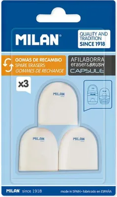 Imagen del producto de Paquete de blíster de Milan con 3 gomas de borrar de repuesto para borrachas tipo cápsula, incluye un sacapuntas para gomas de borrar y un cepillo. Transparente. Talla única