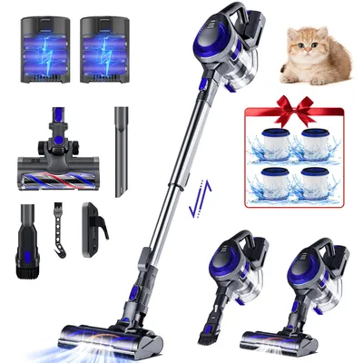 A collage of a cordless vacuum cleaner and its accessories, along with a kitten and replacement filters.