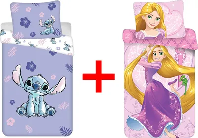 Produktbild von Disney Lilo und Stitch, Rapunzel Kinderbettwäsche, Bettdecke 140 x 200 cm + Kopfkissen 70 x 90 cm, 100% Baumwolle, 2er-Geschenkset
