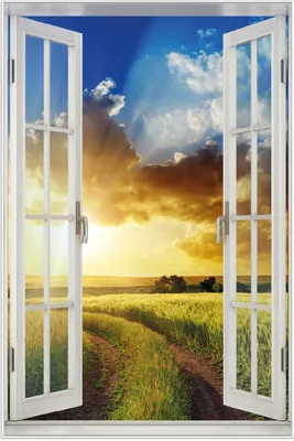 Produktbild von Wallario Wandbild mit Fenster-Illusion: Feldweg in den Sonnenuntergang, Größe: 61 x 91,5 cm, Poster mit weißem Aluminiumrahmen
