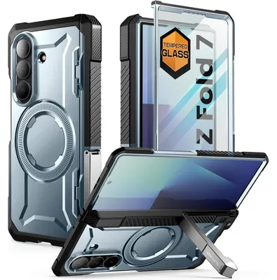 Image de Coque de protection pour Samsung Galaxy Z Fold 7, couleur bleue, avec support intégré, compatible MagSafe et protecteur d'écran
