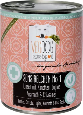 Immagine prodotto di VegDog, Sensitive Small Number 1, cibo umido per cani, lenticchie con carote, semi di girasole, amaranto e chia, 800 g