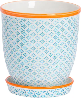 Produktbild von Nicola Spring Handbedruckter Blumentopf mit Untertasse – 20,5 cm – Blau