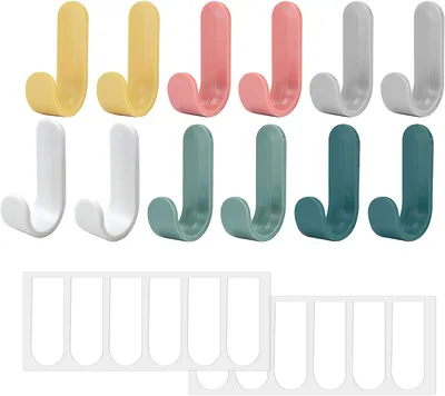 Produktbild von 12-teilige bunte selbstklebende Haken, Kunststoff-Wandhaken, robuste Handtuchhaken, Handtuchhalter Kleiderständerhaken für Badezimmer, Schlafzimmer, Küche, Büro, Tür