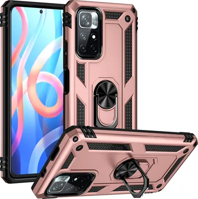 Produktbild von Redmi Note 11 Hülle, Dual Layer Militäre Fallschutz Schutzhülle mit Ringhalterung Ständer für Xiaomi Redmi Note 11 Rosa