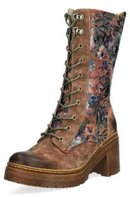 Produktbild von Laura Vita Damen Stiefel Leder Blumenaufdruck Blockabsatz Profilsohle MONAO 01, Größe:40 EU, Farbe:Braun
