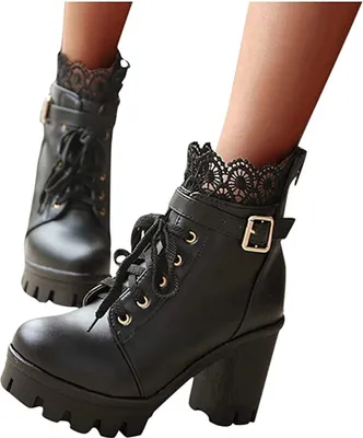 Produktbild von ASKSA Stiefel Damen Absatz Spitze Schnürstiefel Kurze Stiefeletten, Schwarz, Größe: 42