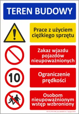 Zdjęcie produktu dla T039 PL - Teren Budowy, informacja o obowiązkach i zagrożeniach na budowy lub obiektu przemysłowego, płyta wodoodporna 3mm, -20 do 90°C - 1000x700 mm.