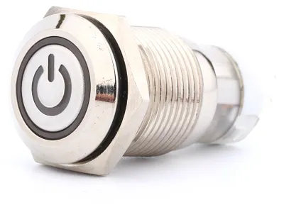 Imagen del producto de Interruptor pulsador de metal con LED, 16 mm, 1 contacto normalmente abierto (1NO) y 1 contacto normalmente cerrado (1NC), con función de encendido/apagado y alimentación de 12V