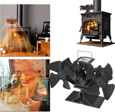 Productafbeelding van UISEBRT 8-blads kachelventilator, stille ovenventilator met schwenkdesign, aluminium kachelventilator, warmtecirculatieventilator
