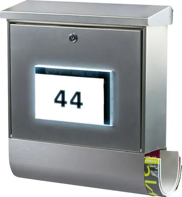 Produktbild von BURG-WÄCHTER Briefkasten Malaga 4400 NI mit Zeitungsfach und beleuchteter Hausnummer, Rostfreier Edelstahl, Einwurf-Format DIN C4