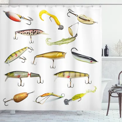 Produktbild von ABAKUHAUS Angeln Duschvorhang, Jagd Meerestiere Thema, aus Stoff inkl.12 Haken Digitaldruck Farbfest Langhaltig Bakterie Resistent, 175 x 180 cm, Multicolor